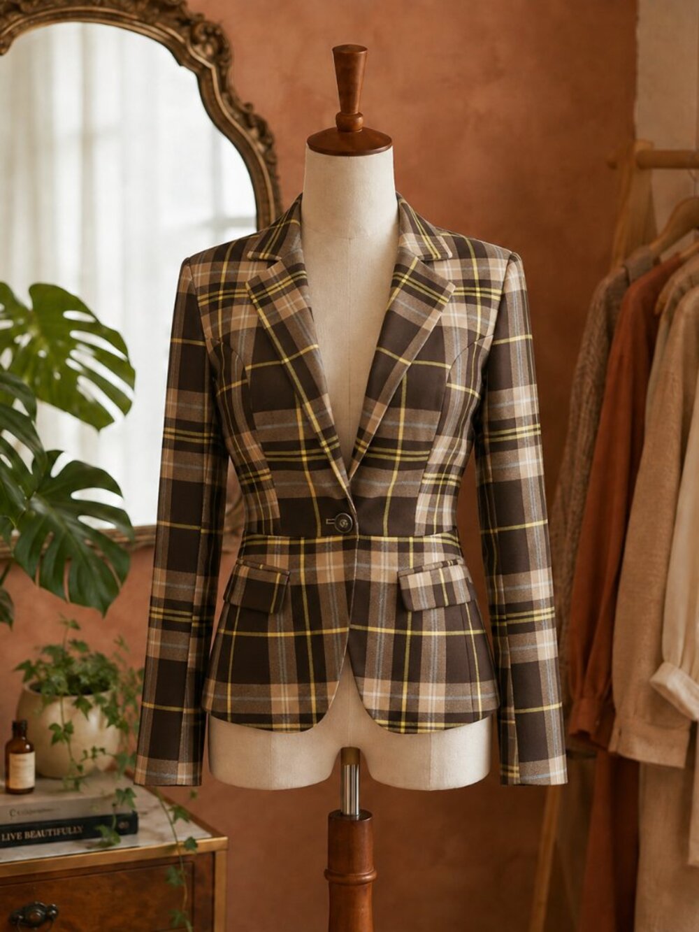 New York & Company Brown Plaid Tailored Blazer with Yellow Accents